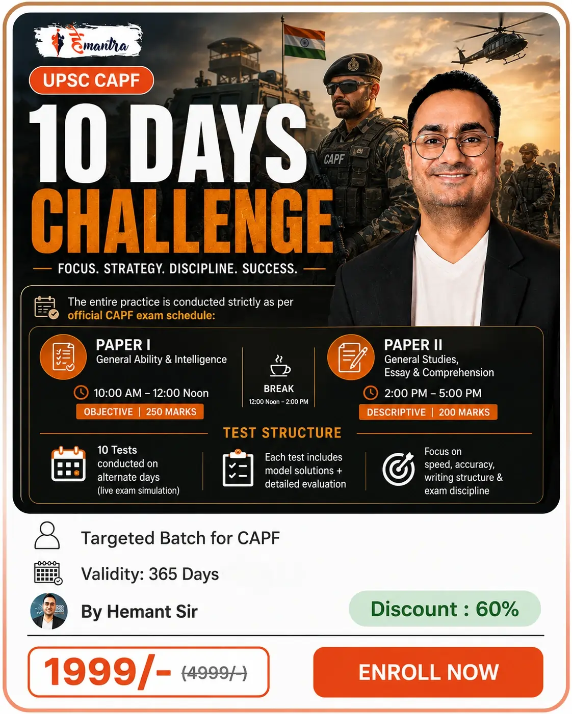 UPSC CAPF 10 Days Challenge by Hemant Sir featuring 10 full-length mock tests for Paper 1 and Paper 2 with detailed evaluation and exam simulation.